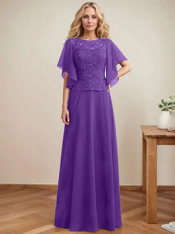 A-line Scoop Illusion Floor-Length Lace Chiffon Mother of the Bride Dress With Sequins - Image 33