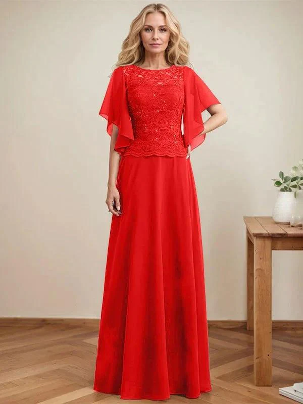 A-line Scoop Illusion Floor-Length Lace Chiffon Mother of the Bride Dress With Sequins - Image 34