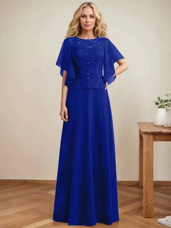A-line Scoop Illusion Floor-Length Lace Chiffon Mother of the Bride Dress With Sequins - Image 35