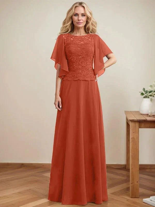 A-line Scoop Illusion Floor-Length Lace Chiffon Mother of the Bride Dress With Sequins - Image 36