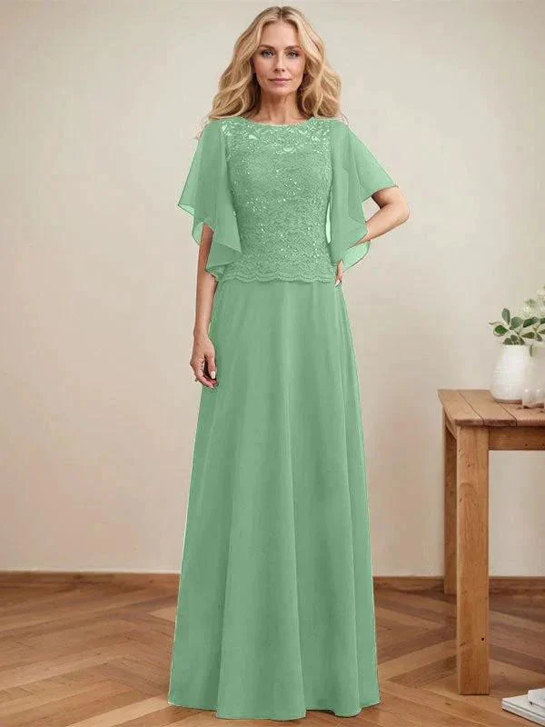 A-line Scoop Illusion Floor-Length Lace Chiffon Mother of the Bride Dress With Sequins - Image 37
