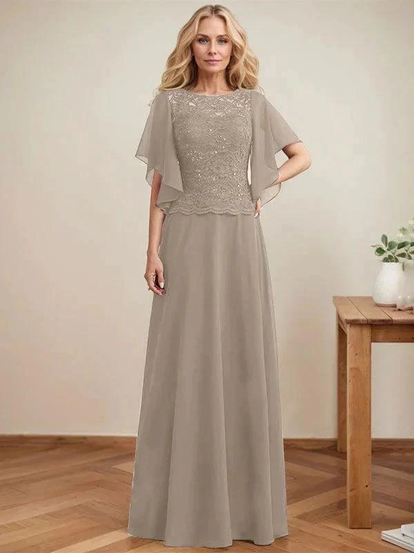 A-line Scoop Illusion Floor-Length Lace Chiffon Mother of the Bride Dress With Sequins - Image 38
