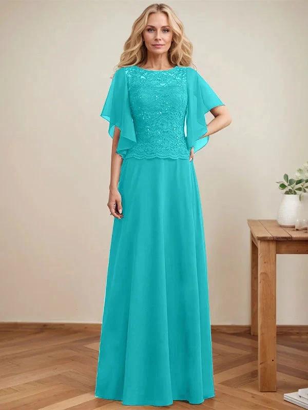 A-line Scoop Illusion Floor-Length Lace Chiffon Mother of the Bride Dress With Sequins - Image 40