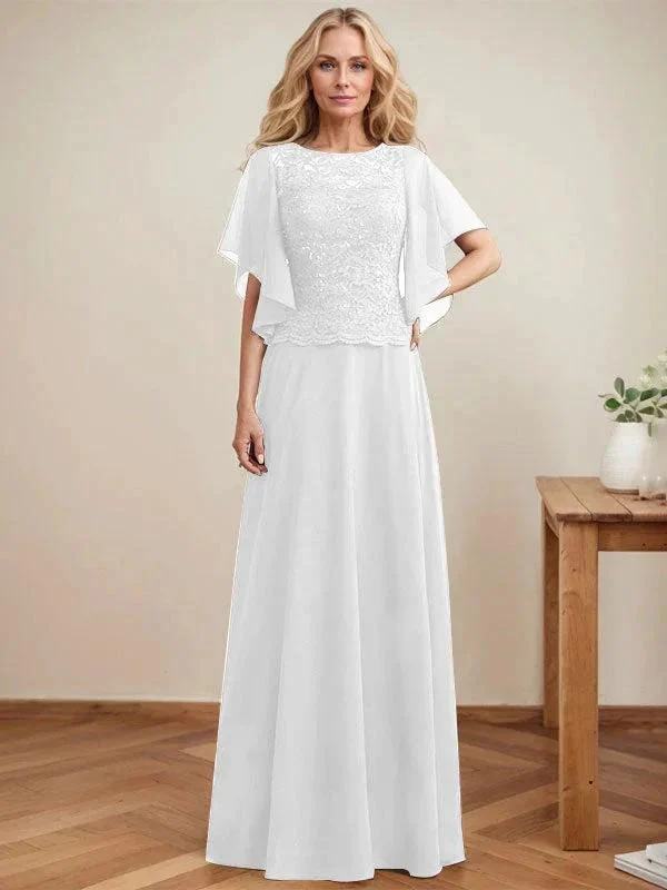 A-line Scoop Illusion Floor-Length Lace Chiffon Mother of the Bride Dress With Sequins - Image 41