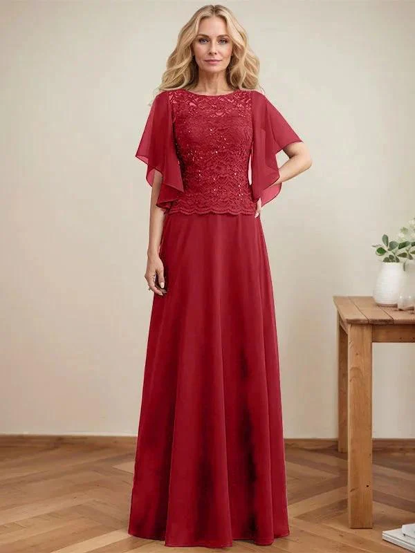 A-line Scoop Illusion Floor-Length Lace Chiffon Mother of the Bride Dress With Sequins - Image 42