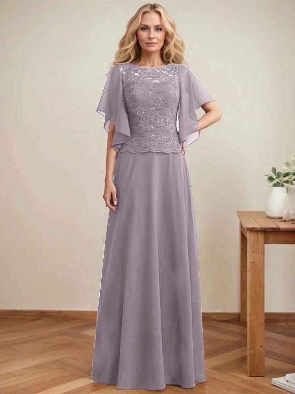 A-line Scoop Illusion Floor-Length Lace Chiffon Mother of the Bride Dress With Sequins - Image 43