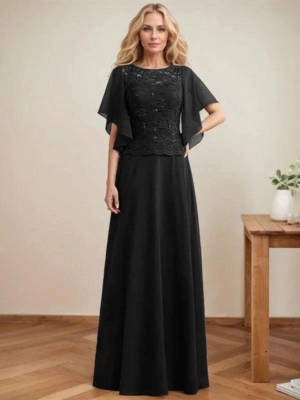 A-line Scoop Illusion Floor-Length Lace Chiffon Mother of the Bride Dress With Sequins - Image 9