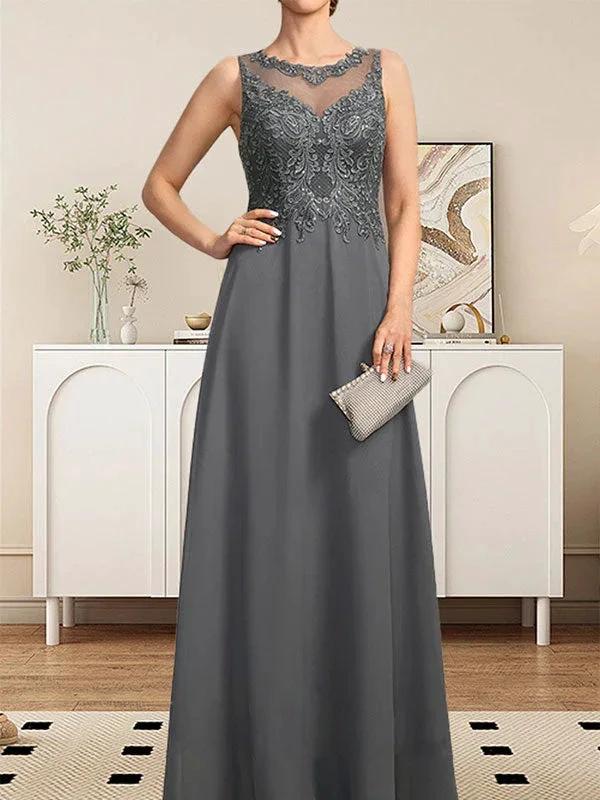 A-line Scoop Illusion Floor-Length Lace Chiffon Mother of the Bride Dress With Sequins - Image 10