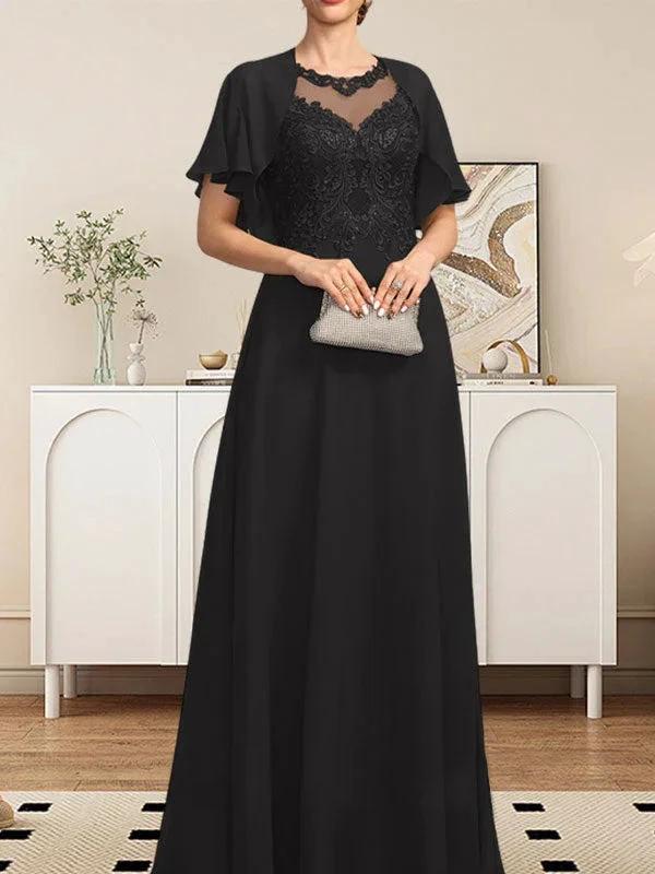 A-line Scoop Illusion Floor-Length Lace Chiffon Mother of the Bride Dress With Sequins - Image 12