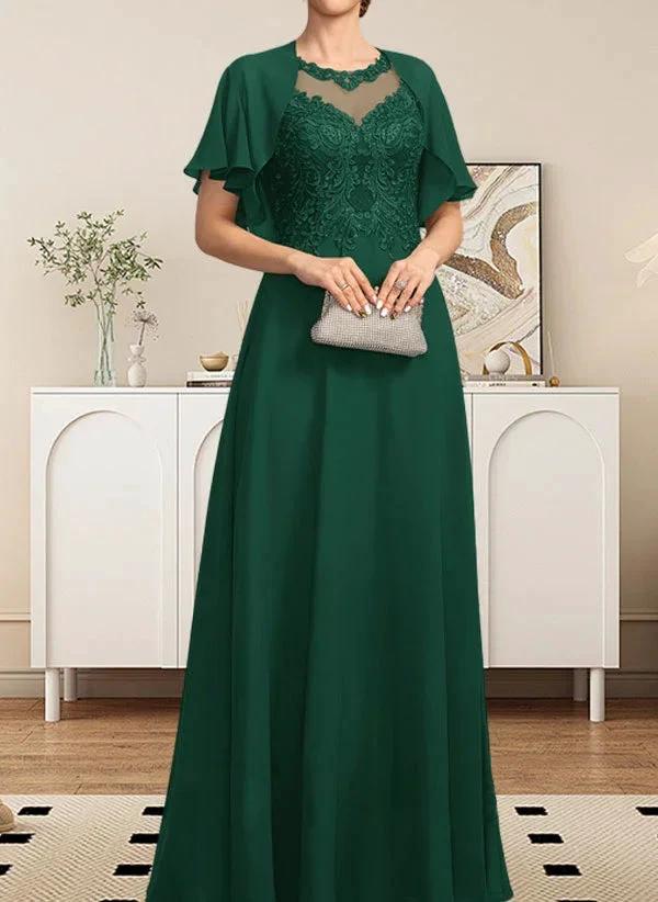 A-line Scoop Illusion Floor-Length Lace Chiffon Mother of the Bride Dress With Sequins - Image 19