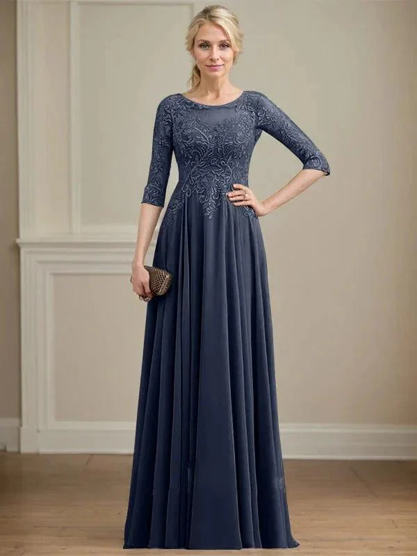 A-line Scoop Illusion Floor-Length Lace Chiffon Mother of the Bride Dress With Sequins - Image 31