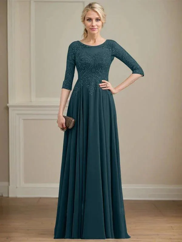A-line Scoop Illusion Floor-Length Lace Chiffon Mother of the Bride Dress With Sequins - Image 34