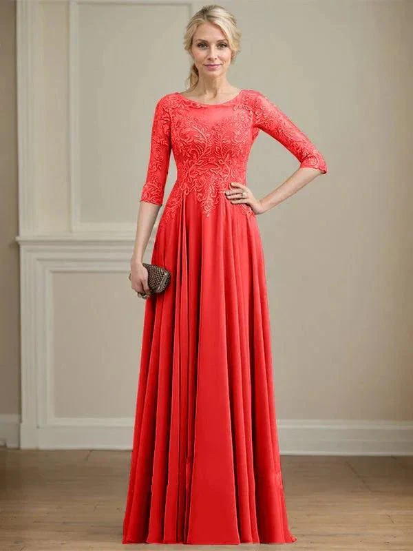 A-line Scoop Illusion Floor-Length Lace Chiffon Mother of the Bride Dress With Sequins - Image 37