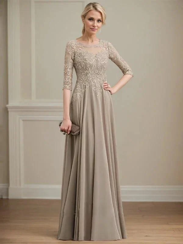 A-line Scoop Illusion Floor-Length Lace Chiffon Mother of the Bride Dress With Sequins - Image 4