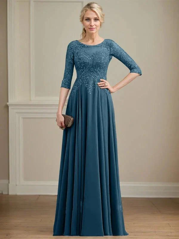 A-line Scoop Illusion Floor-Length Lace Chiffon Mother of the Bride Dress With Sequins - Image 41