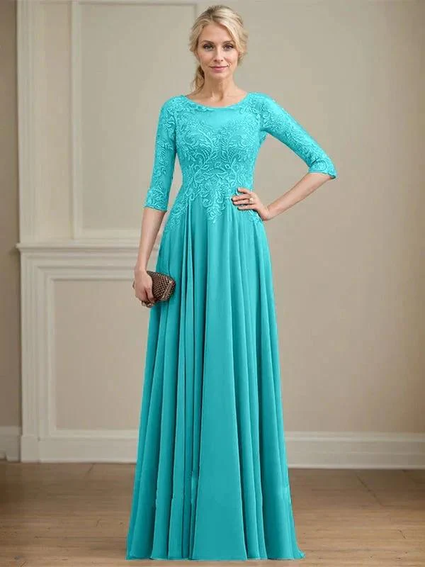 A-line Scoop Illusion Floor-Length Lace Chiffon Mother of the Bride Dress With Sequins - Image 42