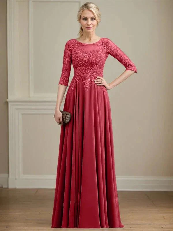 A-line Scoop Illusion Floor-Length Lace Chiffon Mother of the Bride Dress With Sequins - Image 44