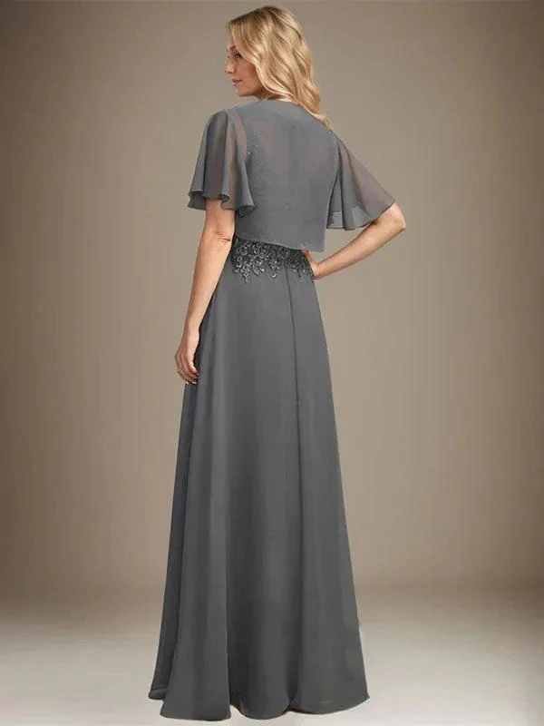A-line Scoop Illusion Floor-Length Lace Chiffon Mother of the Bride Dress With Sequins - Image 2
