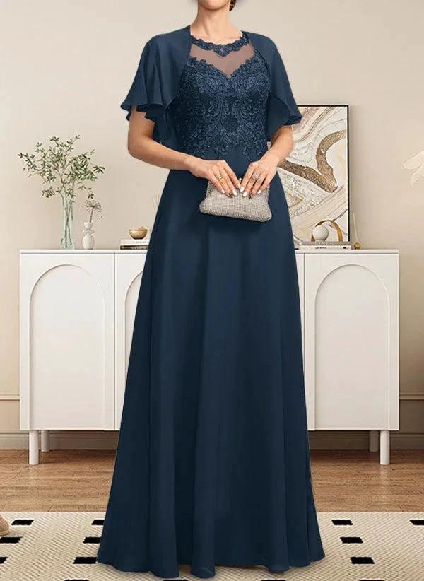 A-line Scoop Illusion Floor-Length Lace Chiffon Mother of the Bride Dress With Sequins - Image 20