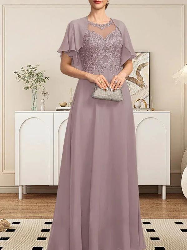A-line Scoop Illusion Floor-Length Lace Chiffon Mother of the Bride Dress With Sequins - Image 21