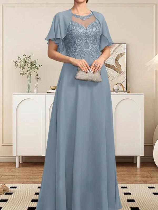 A-line Scoop Illusion Floor-Length Lace Chiffon Mother of the Bride Dress With Sequins - Image 22