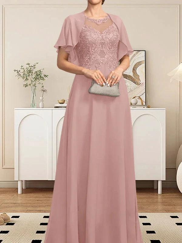 A-line Scoop Illusion Floor-Length Lace Chiffon Mother of the Bride Dress With Sequins - Image 23
