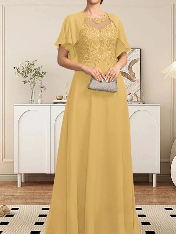 A-line Scoop Illusion Floor-Length Lace Chiffon Mother of the Bride Dress With Sequins - Image 24