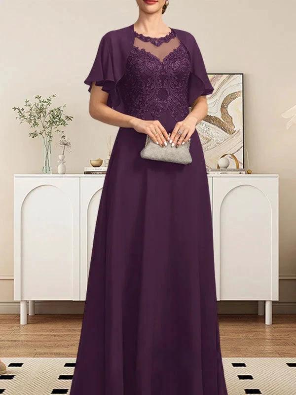A-line Scoop Illusion Floor-Length Lace Chiffon Mother of the Bride Dress With Sequins - Image 25