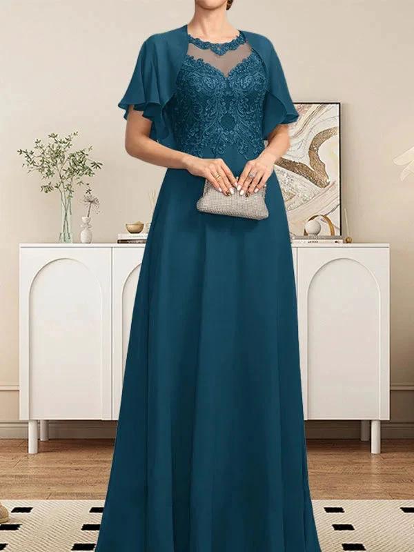 A-line Scoop Illusion Floor-Length Lace Chiffon Mother of the Bride Dress With Sequins - Image 26