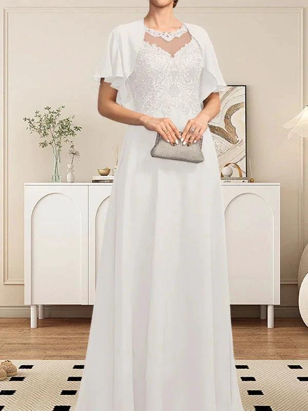 A-line Scoop Illusion Floor-Length Lace Chiffon Mother of the Bride Dress With Sequins - Image 27