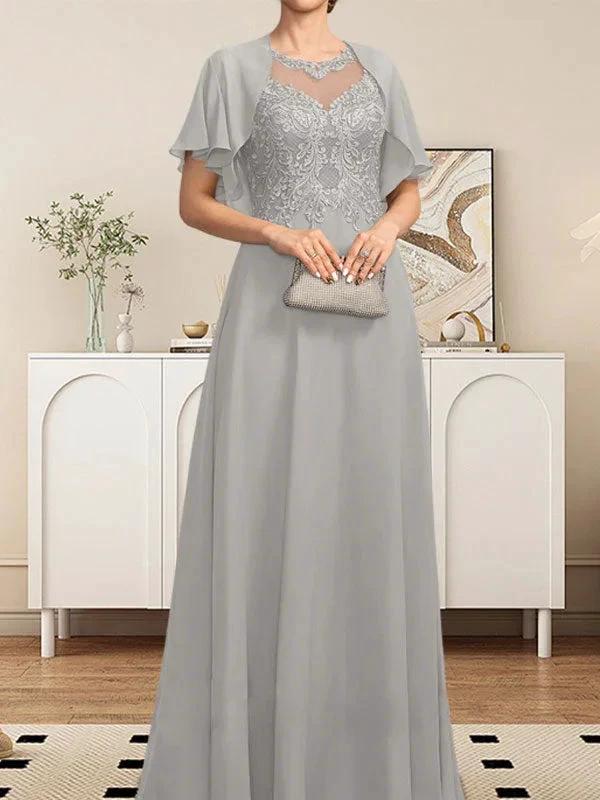 A-line Scoop Illusion Floor-Length Lace Chiffon Mother of the Bride Dress With Sequins - Image 28