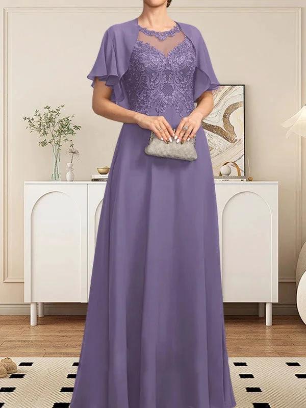 A-line Scoop Illusion Floor-Length Lace Chiffon Mother of the Bride Dress With Sequins - Image 29