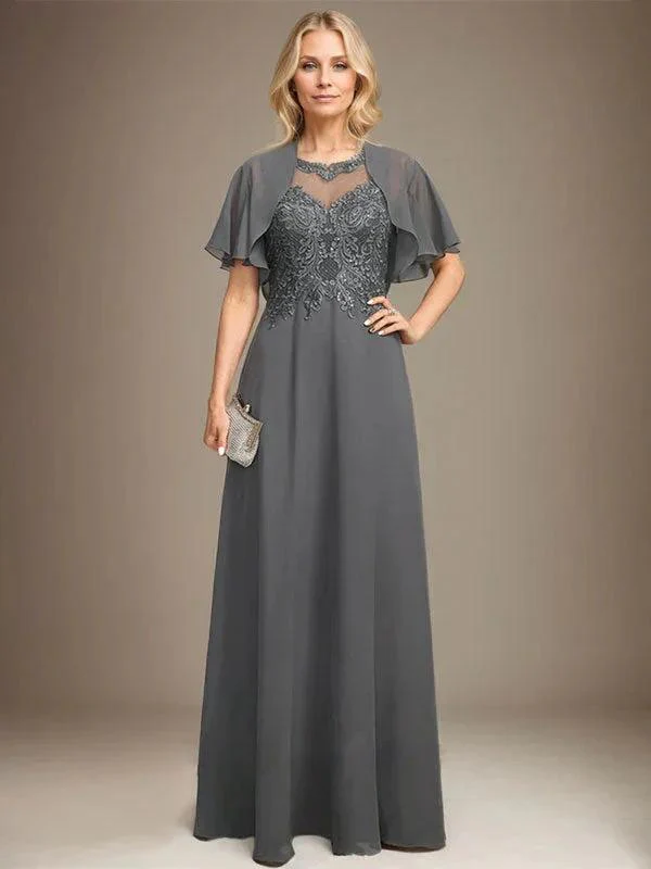 A-line Scoop Illusion Floor-Length Lace Chiffon Mother of the Bride Dress With Sequins - Image 3