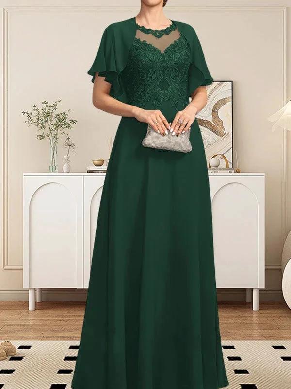A-line Scoop Illusion Floor-Length Lace Chiffon Mother of the Bride Dress With Sequins - Image 30