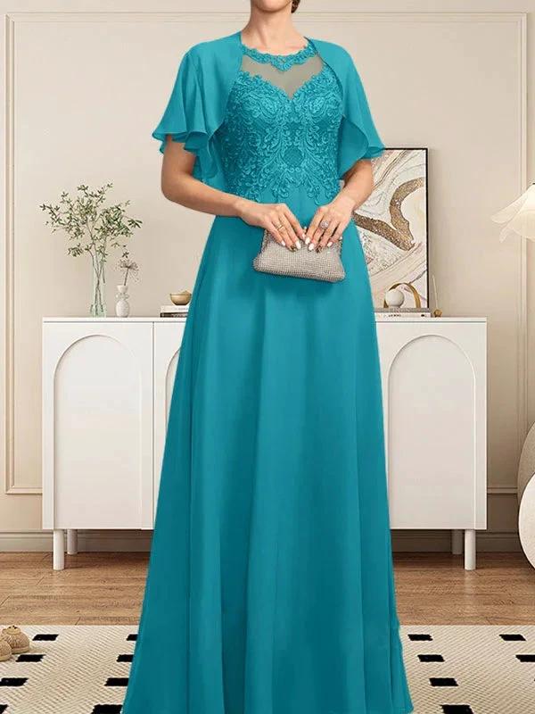 A-line Scoop Illusion Floor-Length Lace Chiffon Mother of the Bride Dress With Sequins - Image 31