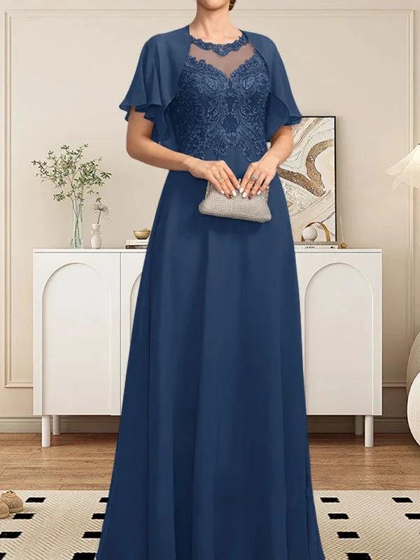 A-line Scoop Illusion Floor-Length Lace Chiffon Mother of the Bride Dress With Sequins - Image 32
