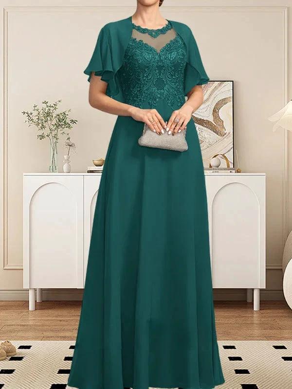 A-line Scoop Illusion Floor-Length Lace Chiffon Mother of the Bride Dress With Sequins - Image 33