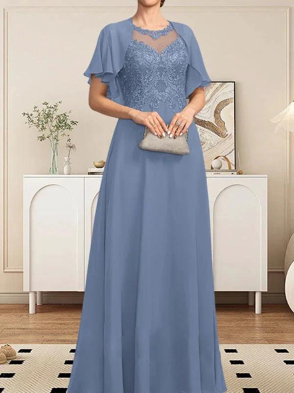 A-line Scoop Illusion Floor-Length Lace Chiffon Mother of the Bride Dress With Sequins - Image 34