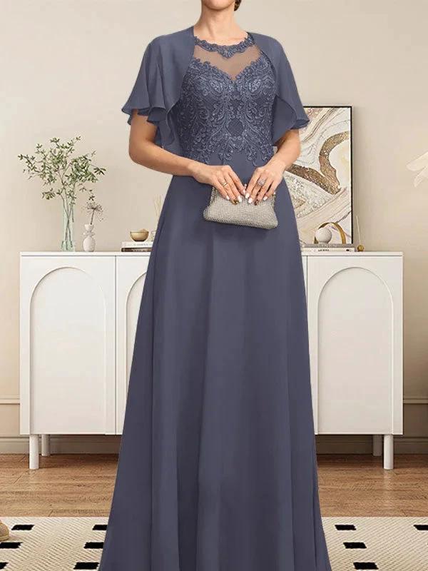 A-line Scoop Illusion Floor-Length Lace Chiffon Mother of the Bride Dress With Sequins - Image 35
