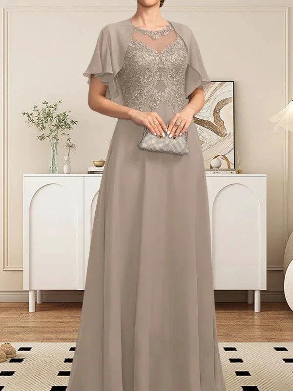 A-line Scoop Illusion Floor-Length Lace Chiffon Mother of the Bride Dress With Sequins - Image 36