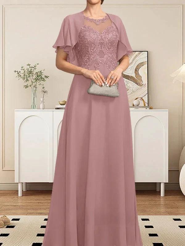 A-line Scoop Illusion Floor-Length Lace Chiffon Mother of the Bride Dress With Sequins - Image 37