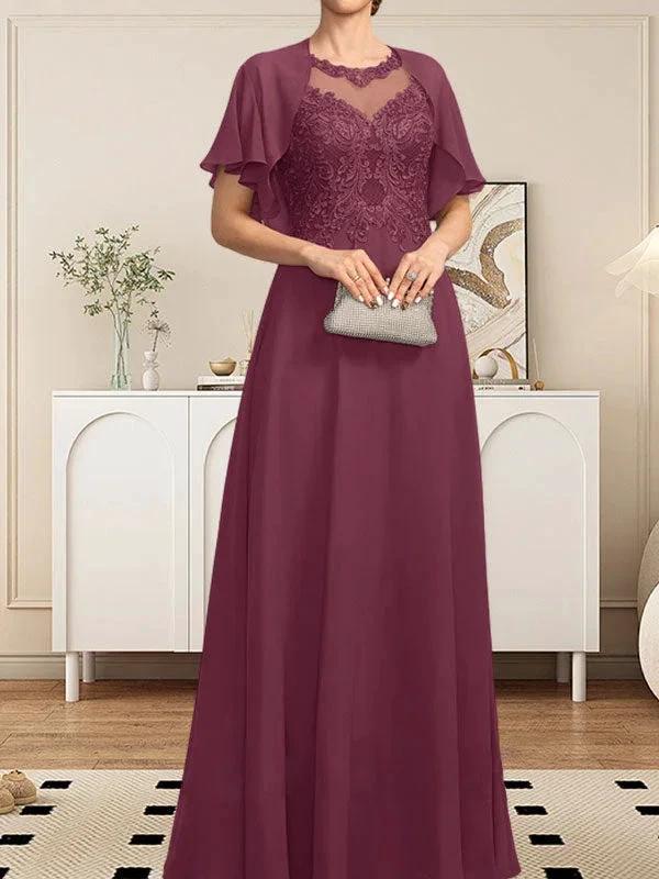 A-line Scoop Illusion Floor-Length Lace Chiffon Mother of the Bride Dress With Sequins - Image 38