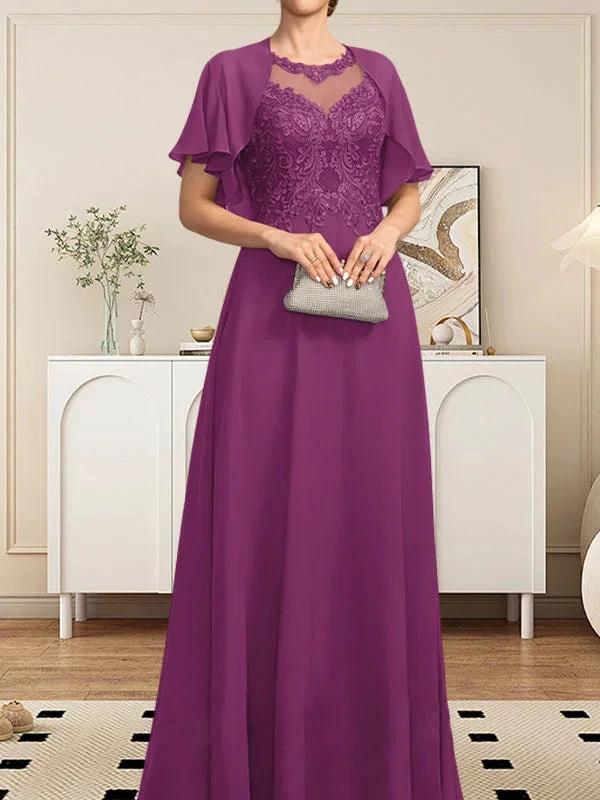 A-line Scoop Illusion Floor-Length Lace Chiffon Mother of the Bride Dress With Sequins - Image 39