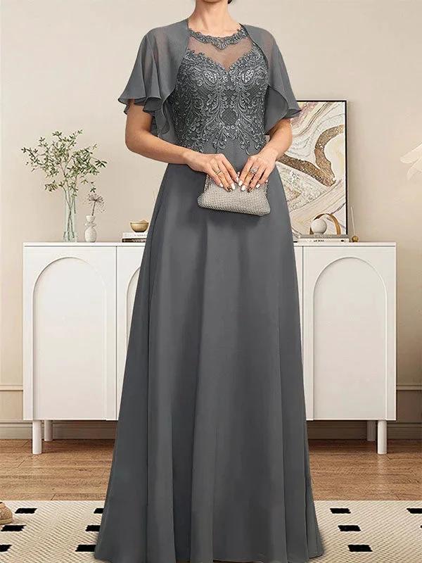 A-line Scoop Illusion Floor-Length Lace Chiffon Mother of the Bride Dress With Sequins - Image 4