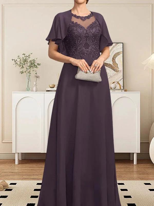 A-line Scoop Illusion Floor-Length Lace Chiffon Mother of the Bride Dress With Sequins - Image 40