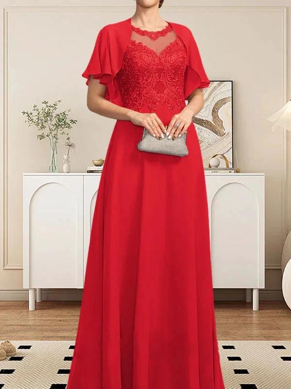 A-line Scoop Illusion Floor-Length Lace Chiffon Mother of the Bride Dress With Sequins - Image 41