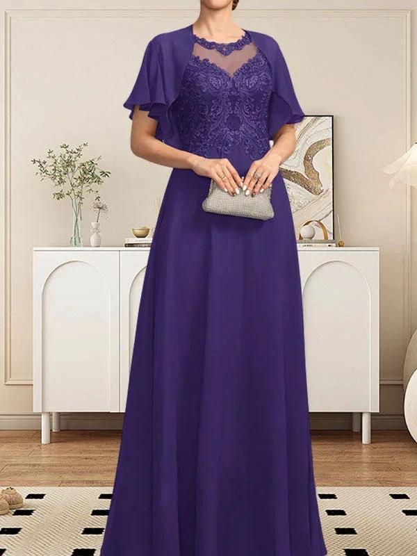 A-line Scoop Illusion Floor-Length Lace Chiffon Mother of the Bride Dress With Sequins - Image 42