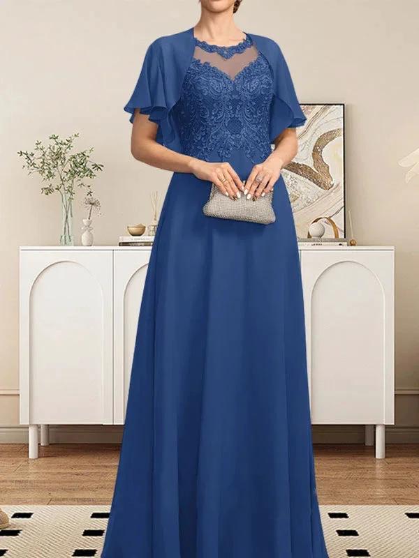A-line Scoop Illusion Floor-Length Lace Chiffon Mother of the Bride Dress With Sequins - Image 43
