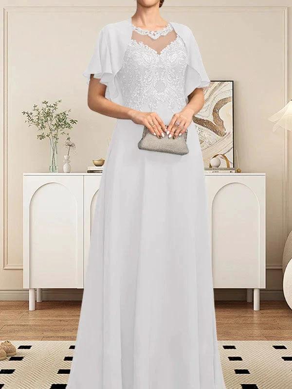 A-line Scoop Illusion Floor-Length Lace Chiffon Mother of the Bride Dress With Sequins - Image 44