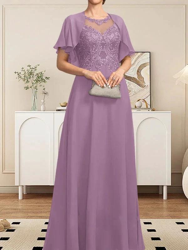 A-line Scoop Illusion Floor-Length Lace Chiffon Mother of the Bride Dress With Sequins - Image 45